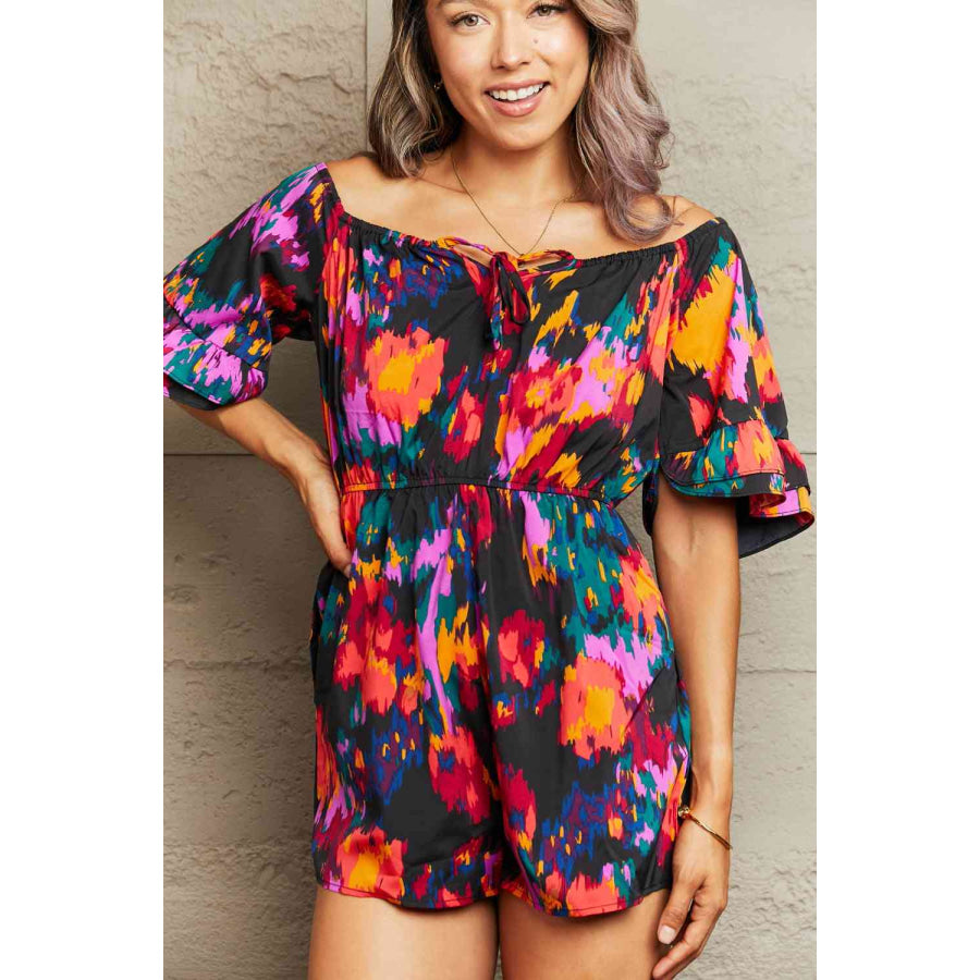 Printed Tied Flounce Sleeve Romper Apparel and Accessories