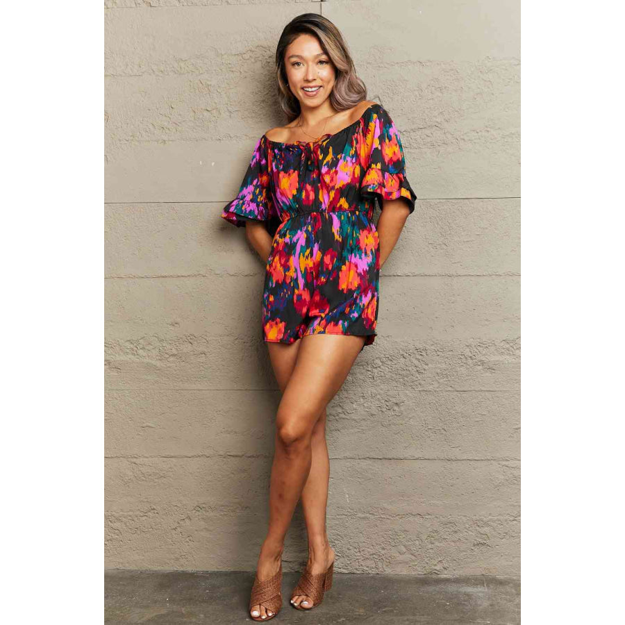 Printed Tied Flounce Sleeve Romper Multicolor / S Apparel and Accessories
