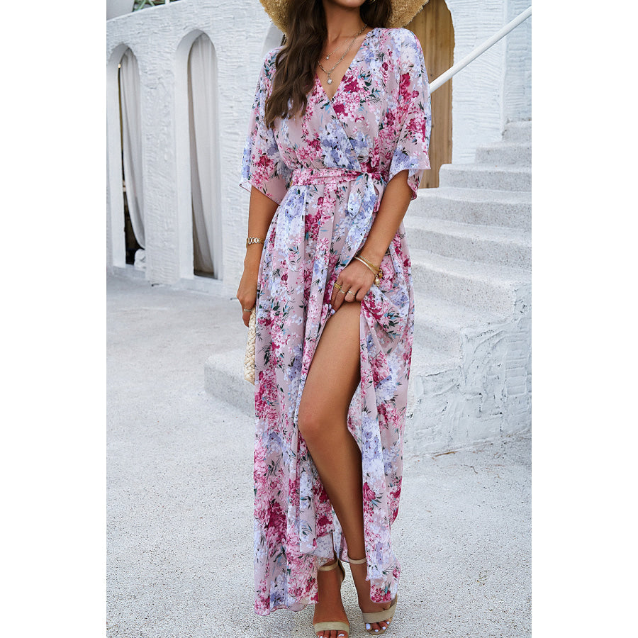 Printed Tied Half Sleeve Slit Dress Apparel and Accessories