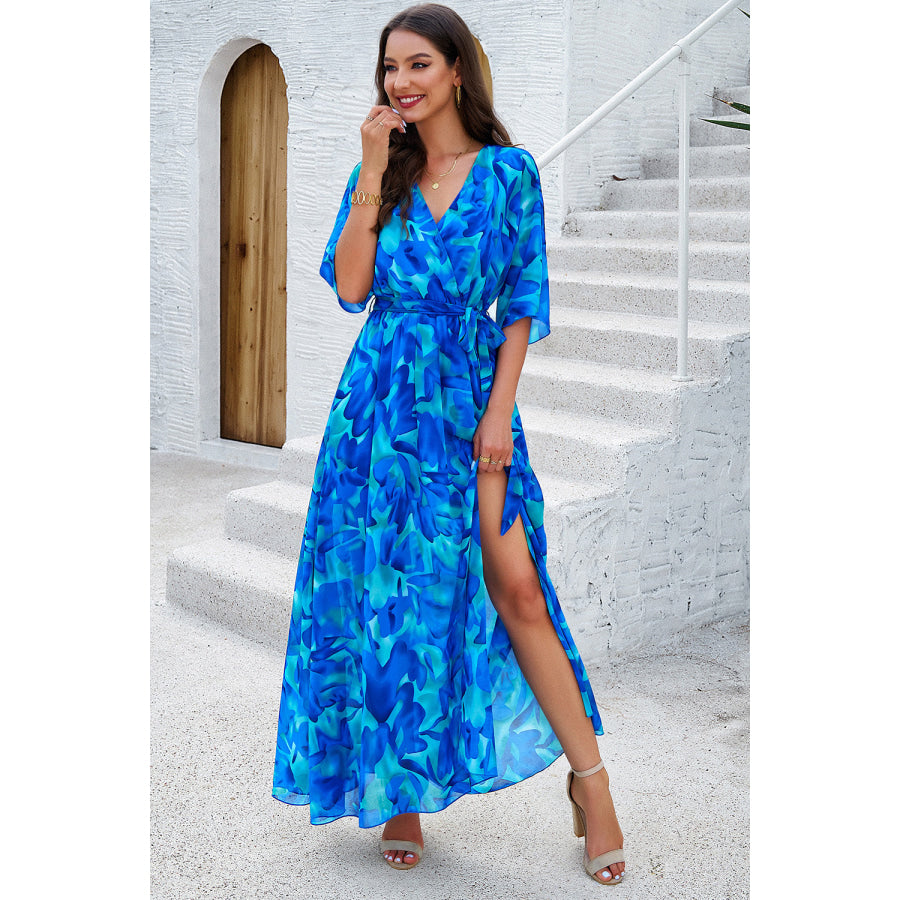 Printed Tied Half Sleeve Slit Dress Apparel and Accessories