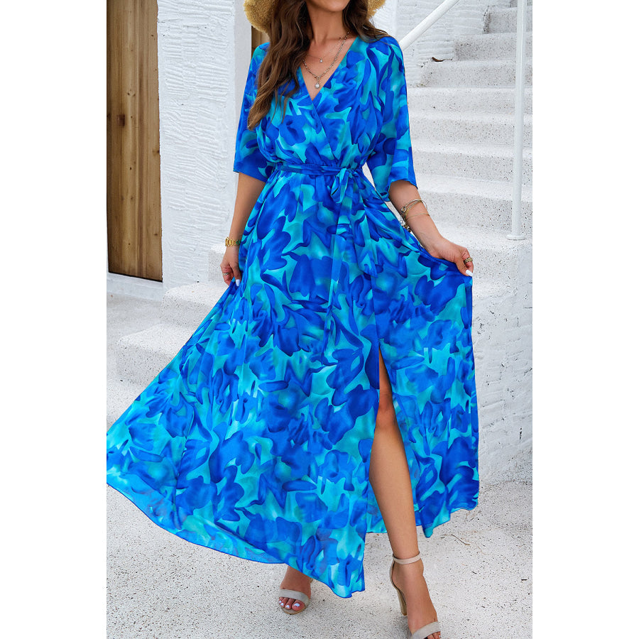 Printed Tied Half Sleeve Slit Dress Apparel and Accessories