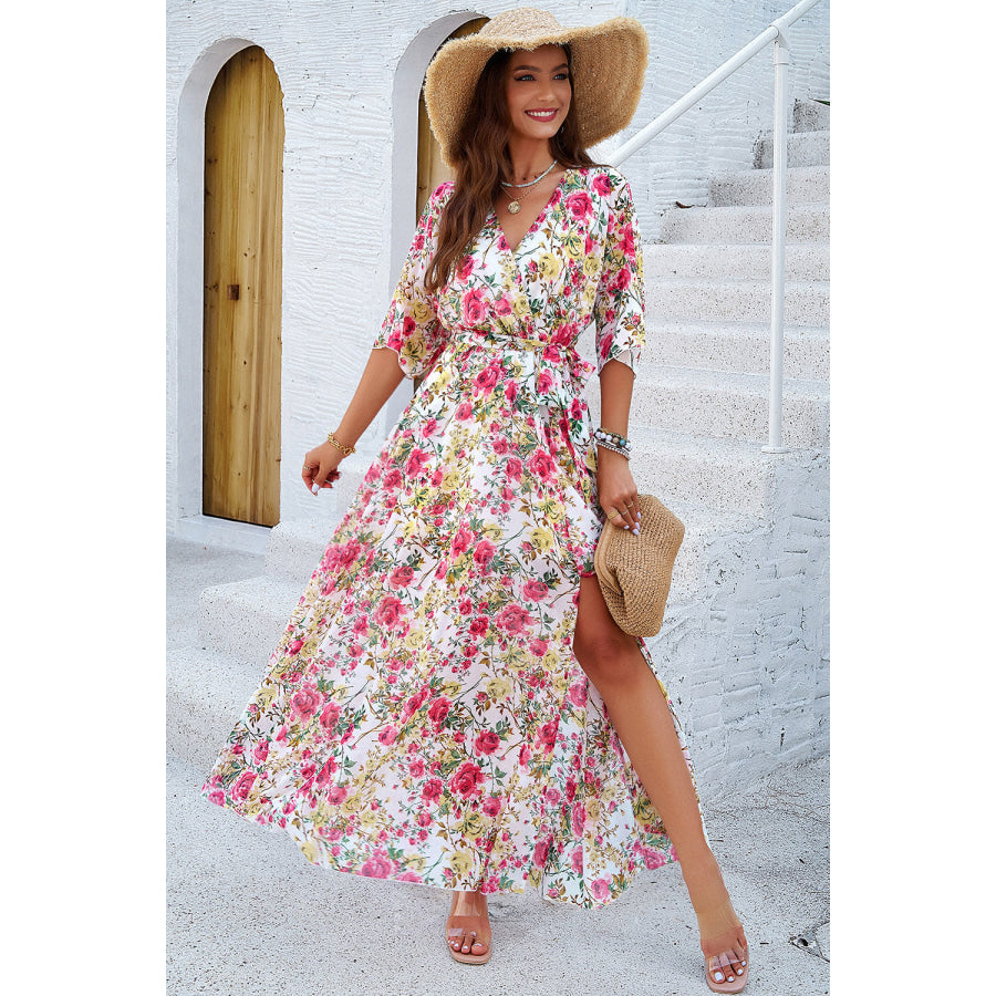 Printed Tied Half Sleeve Slit Dress Apparel and Accessories