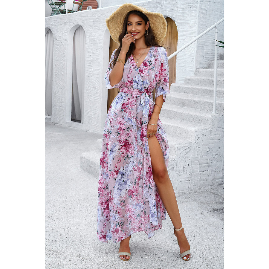 Printed Tied Half Sleeve Slit Dress Apparel and Accessories