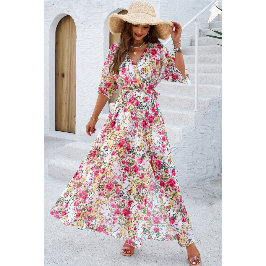 Printed Tied Half Sleeve Slit Dress Apparel and Accessories