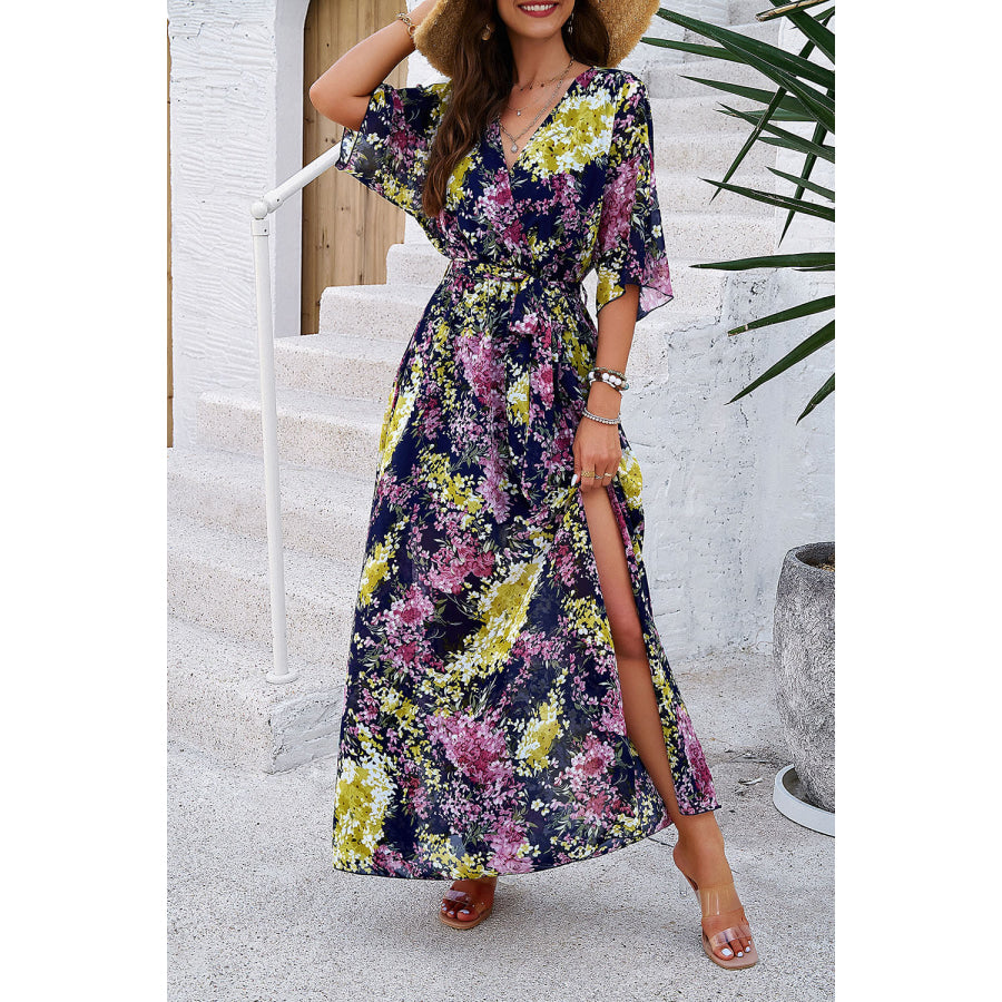 Printed Tied Half Sleeve Slit Dress Apparel and Accessories