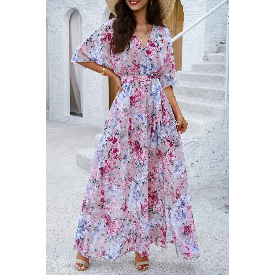 Printed Tied Half Sleeve Slit Dress Apparel and Accessories