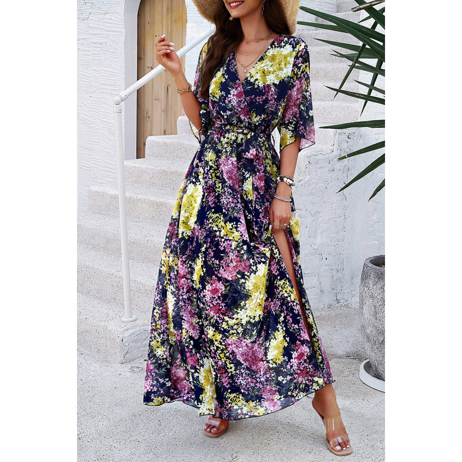 Printed Tied Half Sleeve Slit Dress Apparel and Accessories