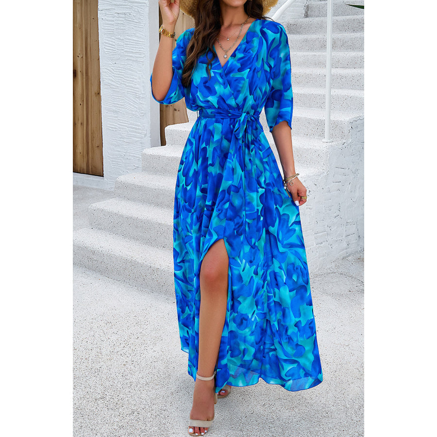 Printed Tied Half Sleeve Slit Dress Apparel and Accessories