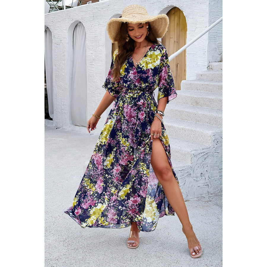 Printed Tied Half Sleeve Slit Dress Apparel and Accessories