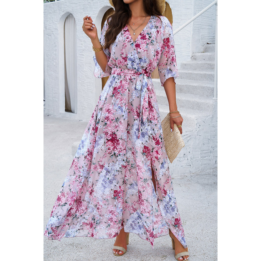 Printed Tied Half Sleeve Slit Dress Blush Pink / S Apparel and Accessories