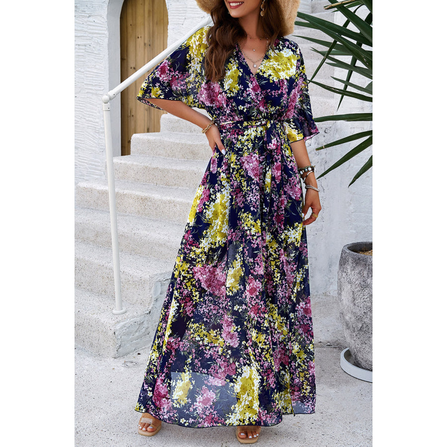 Printed Tied Half Sleeve Slit Dress Navy / S Apparel and Accessories