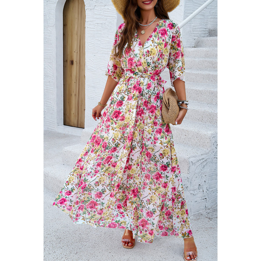 Printed Tied Half Sleeve Slit Dress White / S Apparel and Accessories