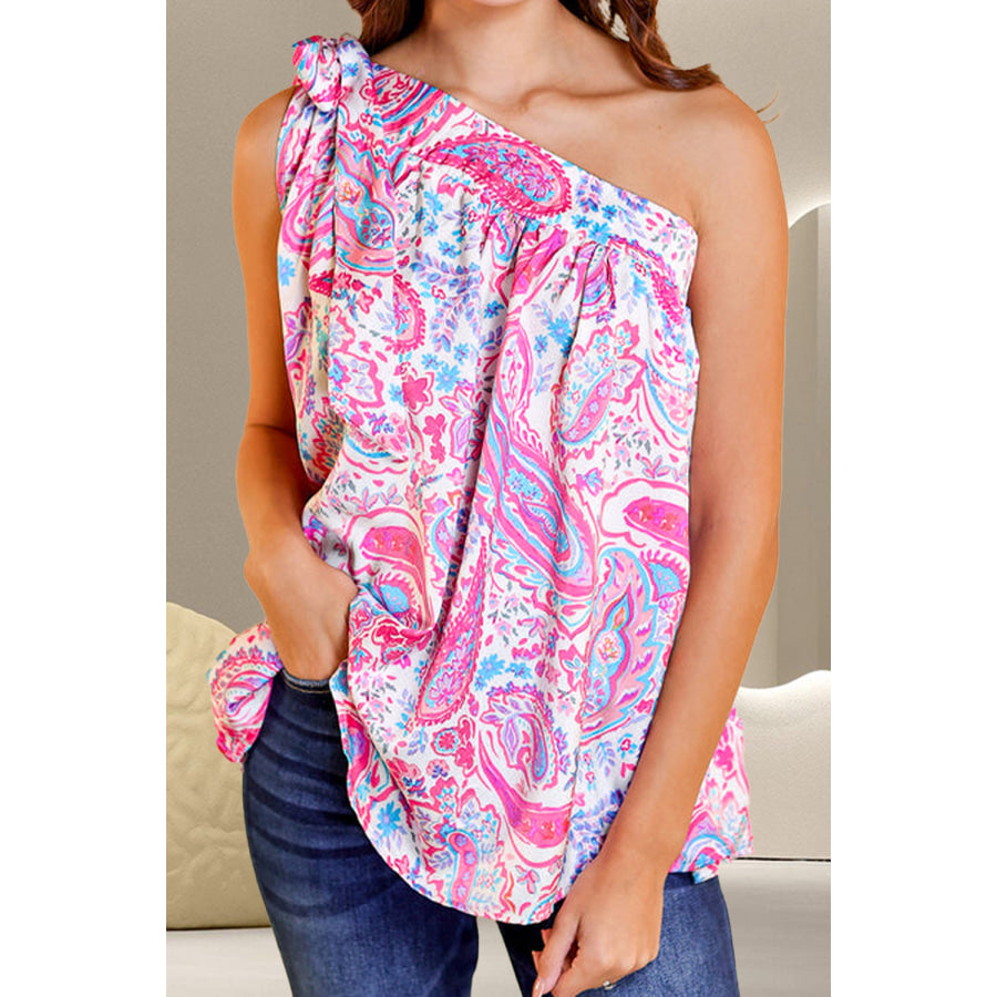 Printed Tied One Shoulder Tank Hot Pink / S Apparel and Accessories