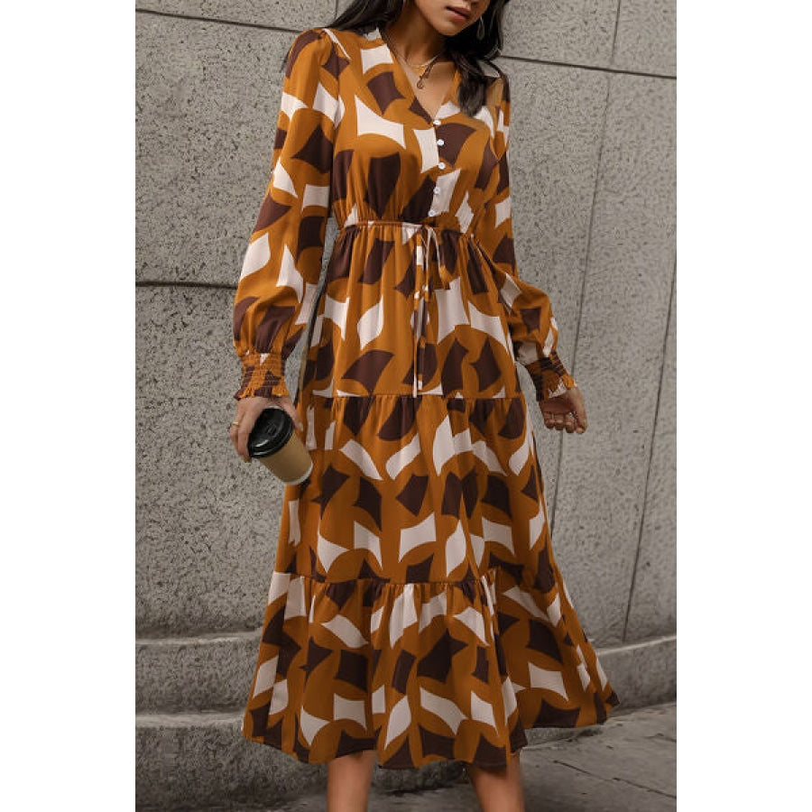 Printed Tied Pocketed Lantern Sleeve Dress Clothing