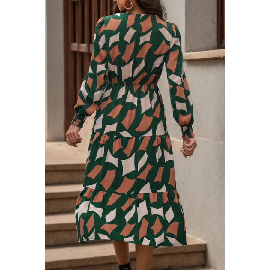 Printed Tied Pocketed Lantern Sleeve Dress Clothing