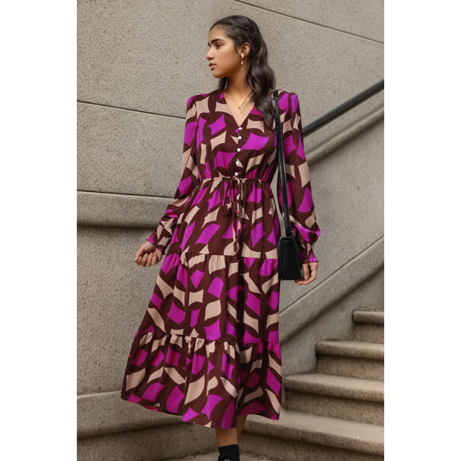 Printed Tied Pocketed Lantern Sleeve Dress Clothing