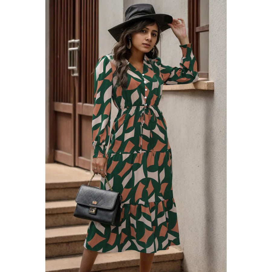 Printed Tied Pocketed Lantern Sleeve Dress Clothing