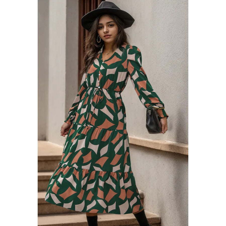 Printed Tied Pocketed Lantern Sleeve Dress Clothing