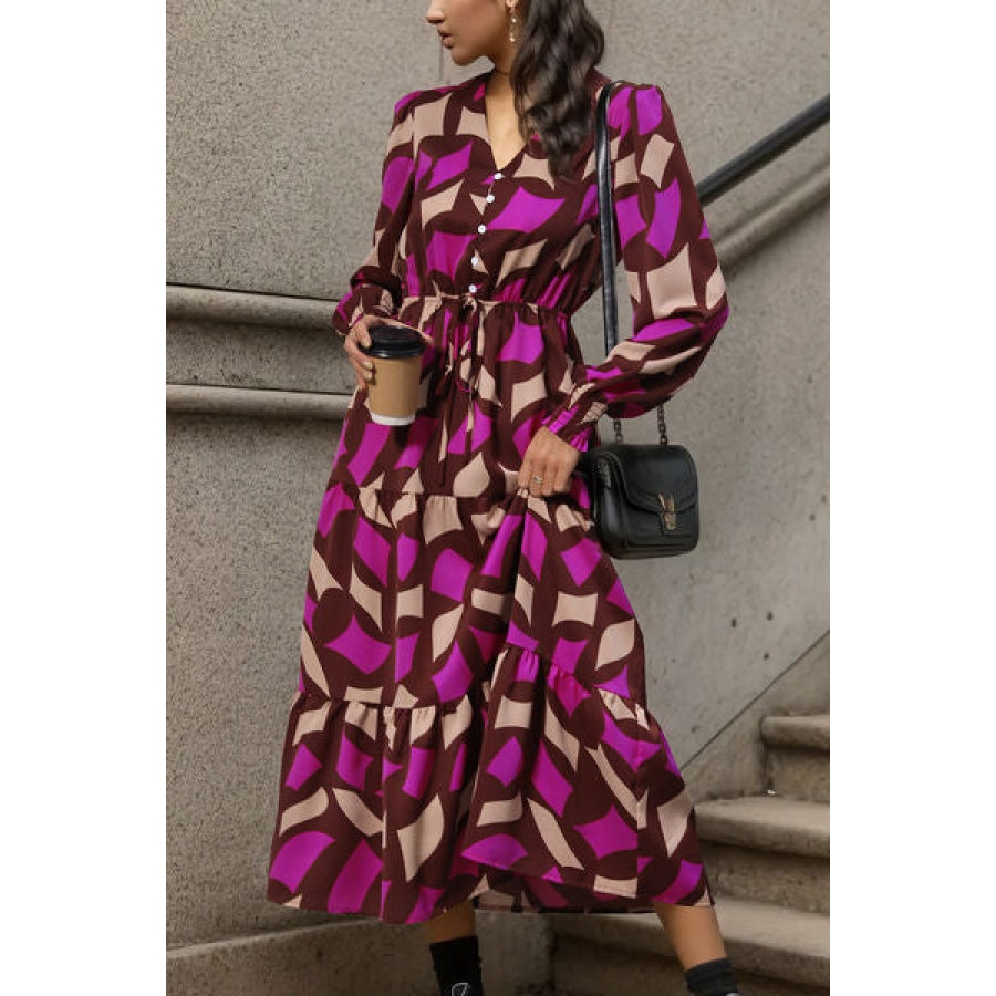 Printed Tied Pocketed Lantern Sleeve Dress Clothing