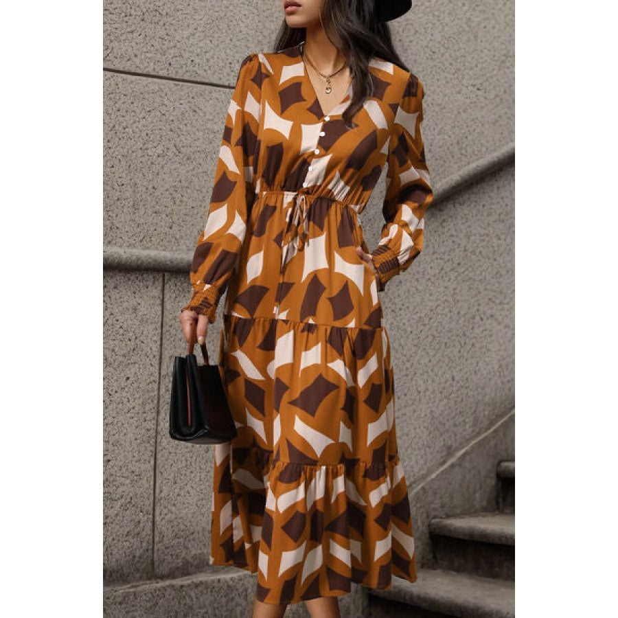 Printed Tied Pocketed Lantern Sleeve Dress Clothing