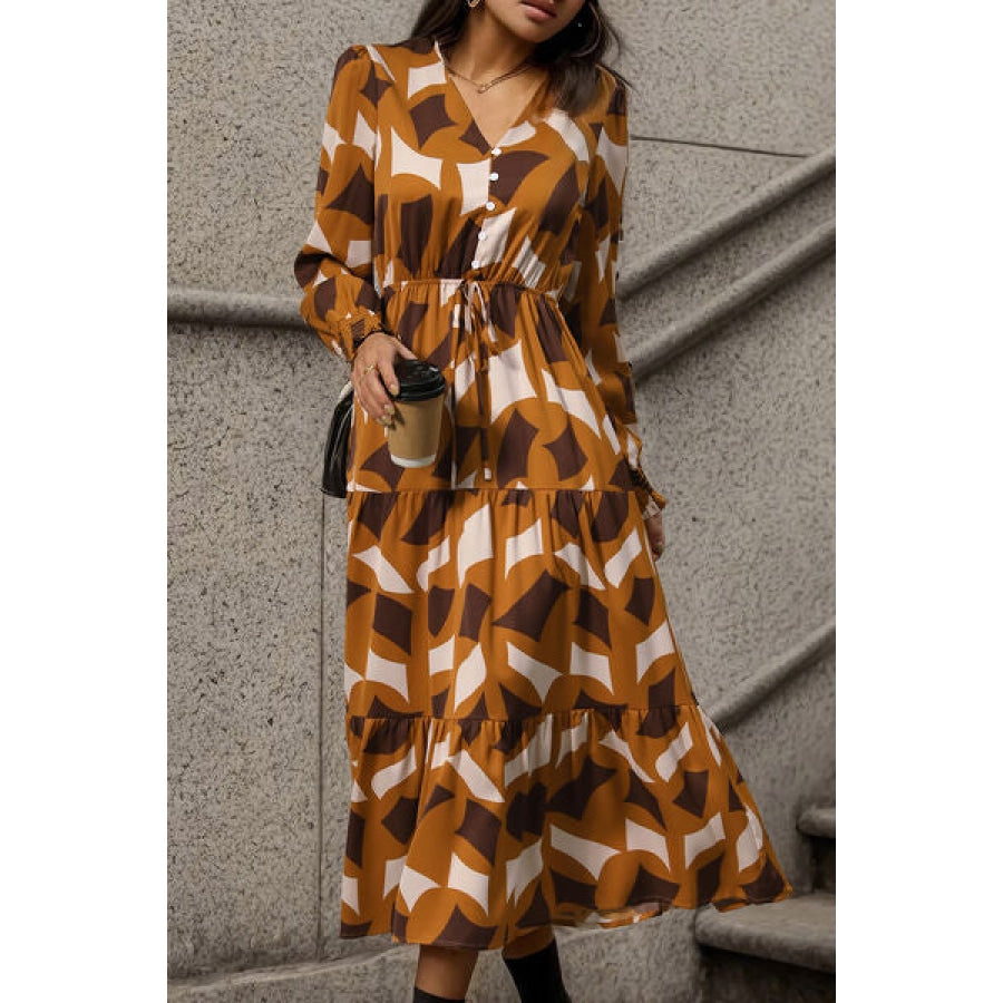 Printed Tied Pocketed Lantern Sleeve Dress Clothing