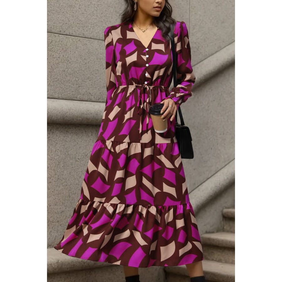 Printed Tied Pocketed Lantern Sleeve Dress Clothing