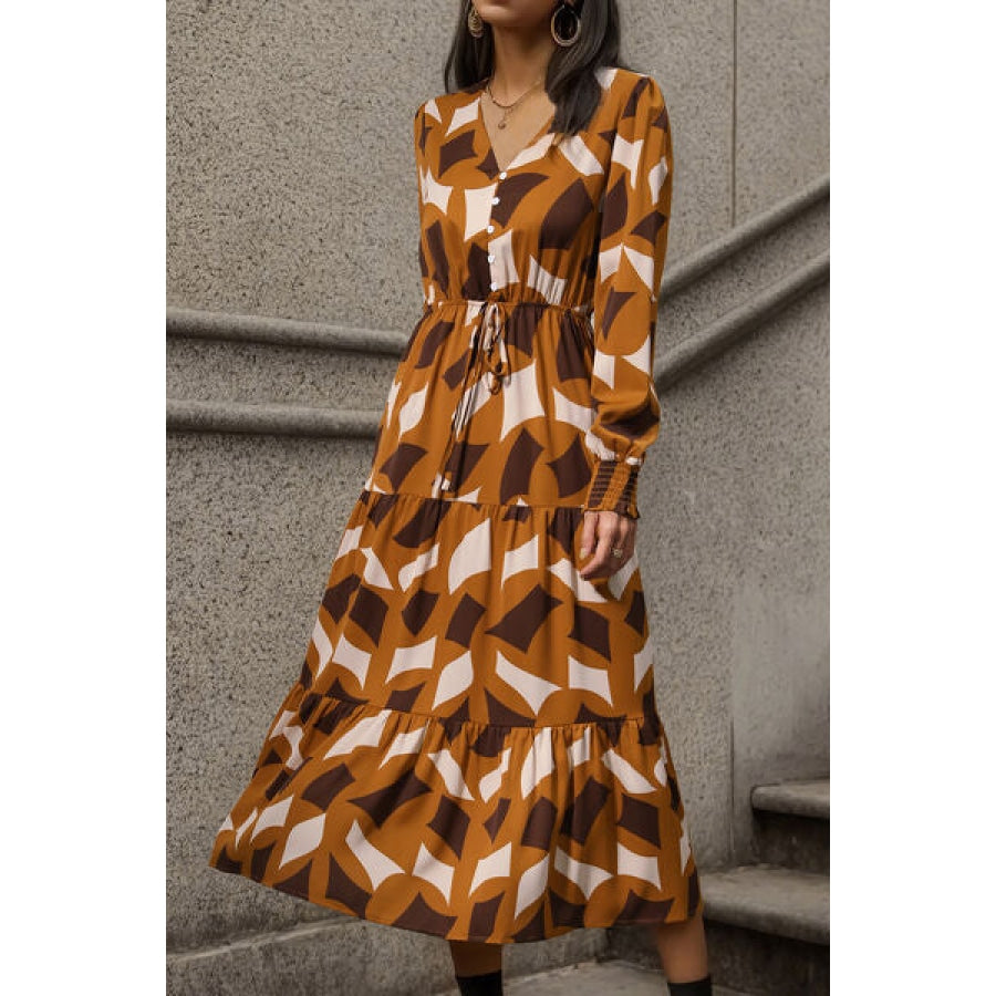 Printed Tied Pocketed Lantern Sleeve Dress Clothing