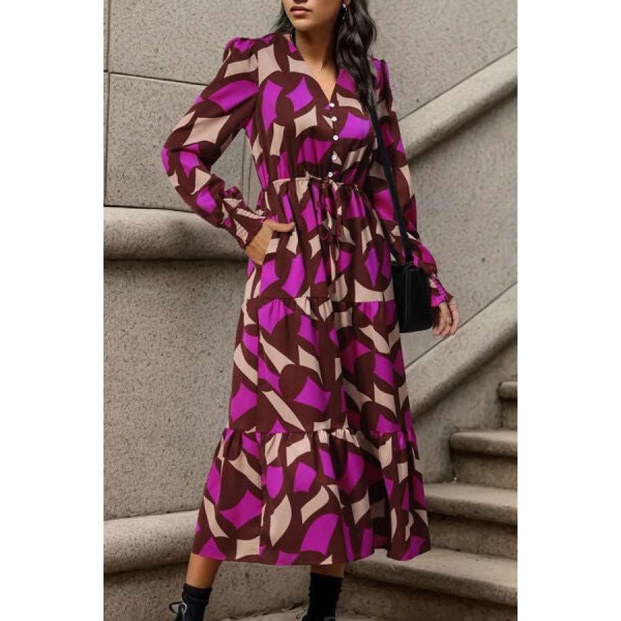 Printed Tied Pocketed Lantern Sleeve Dress Fuchsia / S Clothing