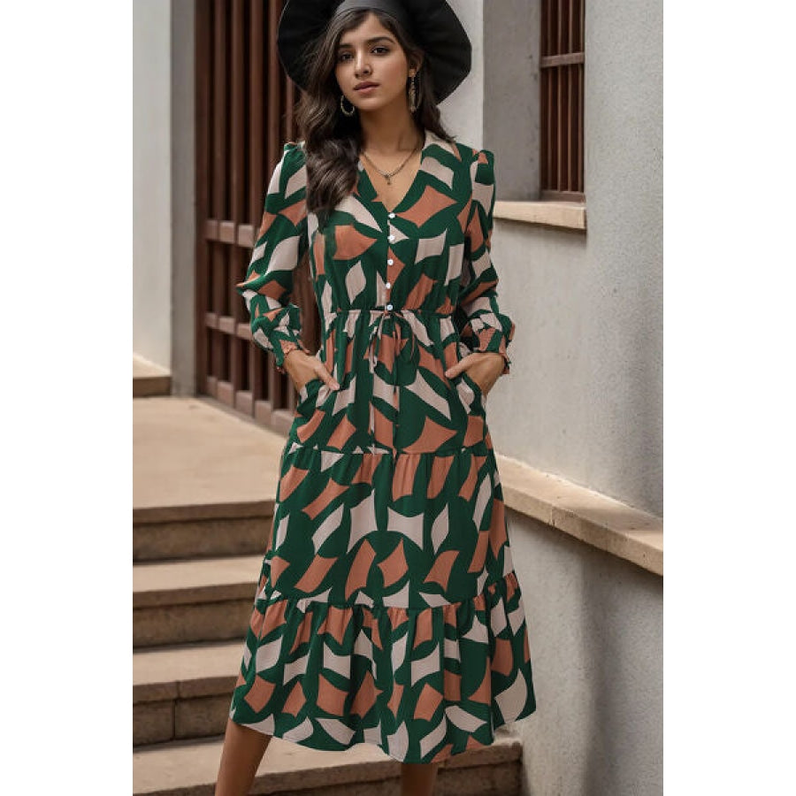 Printed Tied Pocketed Lantern Sleeve Dress Green / S Clothing