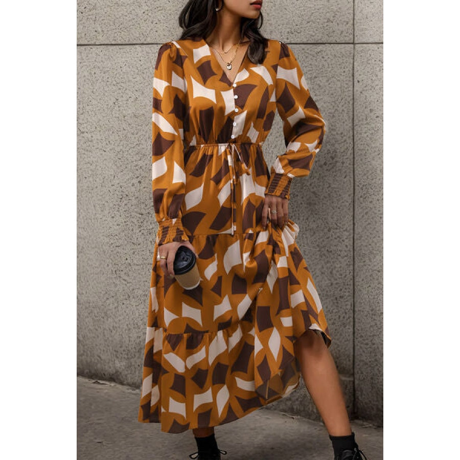 Printed Tied Pocketed Lantern Sleeve Dress Mustard / S Clothing