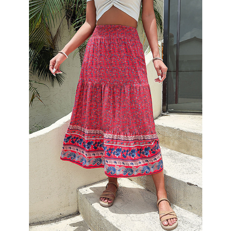 Printed Tiered High Waist Skirt Strawberry / S Apparel and Accessories