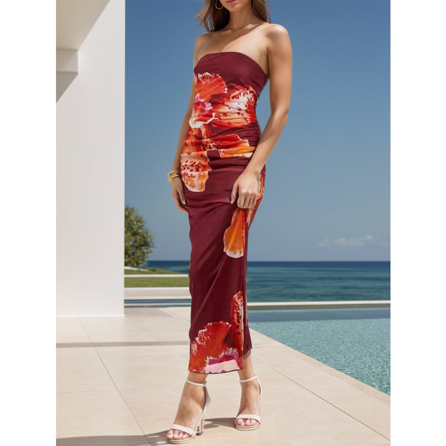 Printed Tube Sleeveless Maxi Dress Burgundy / S Apparel and Accessories