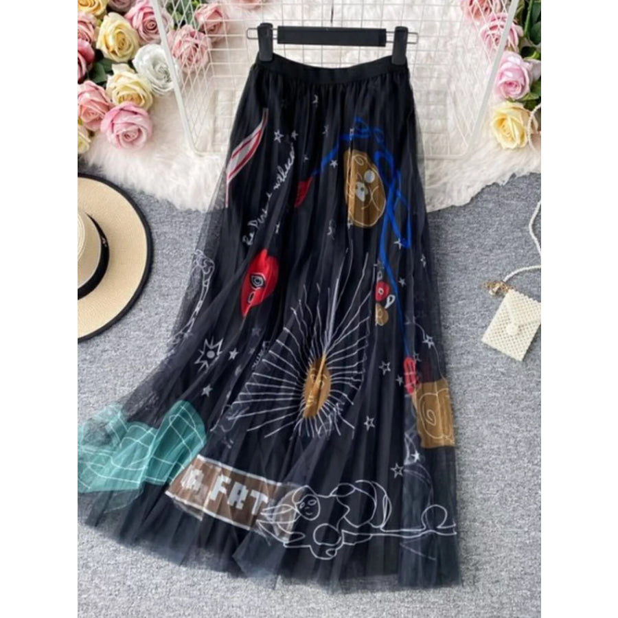 Printed Tulle Skirt Black / One Size Apparel and Accessories