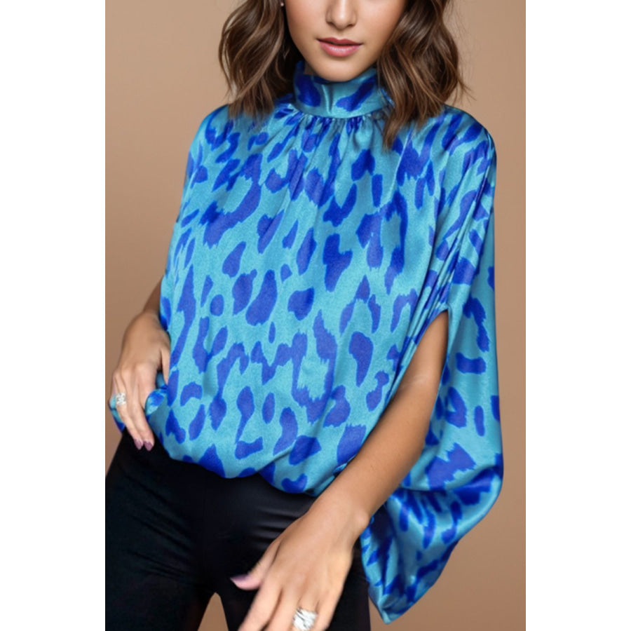 Printed Turtleneck Half Sleeve Blouse Ultra marine / S Apparel and Accessories