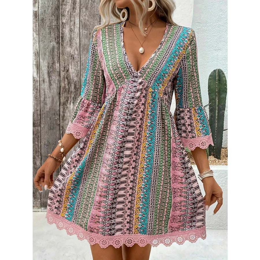 Printed V-Neck A-Line Dress Apparel and Accessories