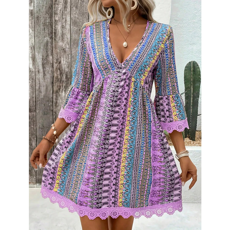 Printed V-Neck A-Line Dress Apparel and Accessories