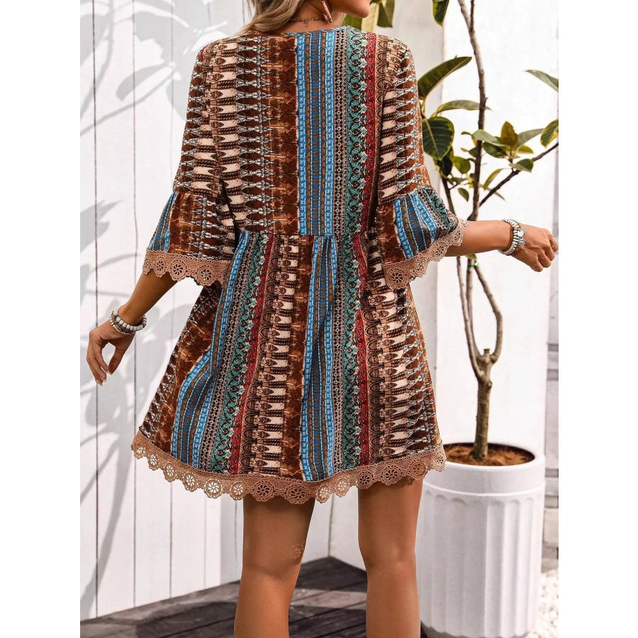 Printed V-Neck A-Line Dress Apparel and Accessories