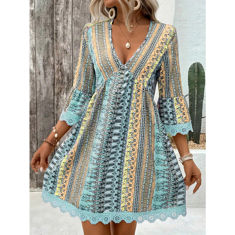 Printed V-Neck A-Line Dress Apparel and Accessories