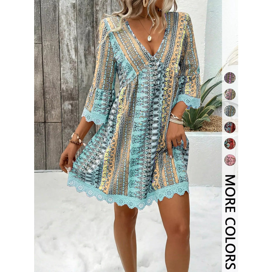 Printed V-Neck A-Line Dress Lake Blue / S Apparel and Accessories