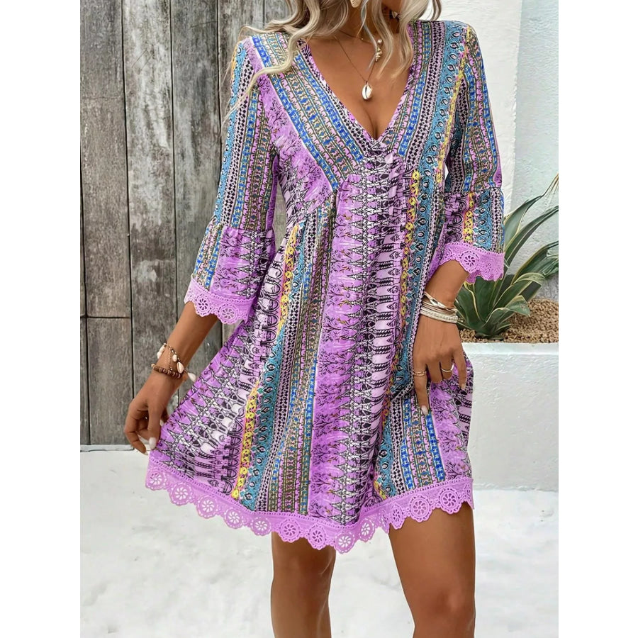 Printed V-Neck A-Line Dress Light Purple / S Apparel and Accessories