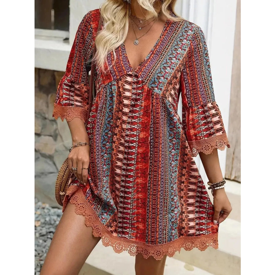 Printed V-Neck A-Line Dress Red / S Apparel and Accessories