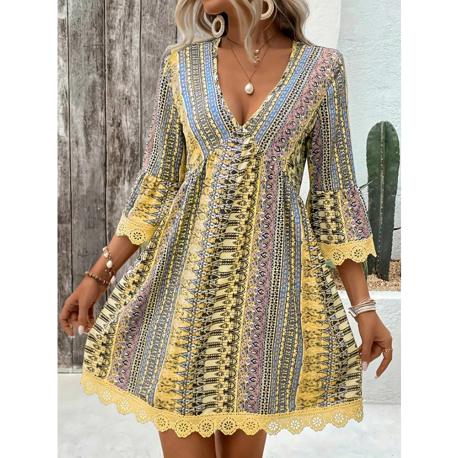 Printed V-Neck A-Line Dress Yellow / S Apparel and Accessories