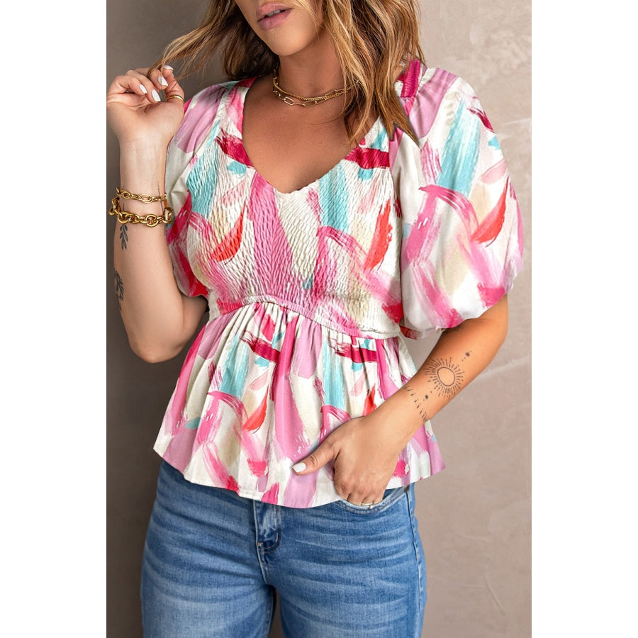 Printed V-Neck Babydoll Blouse Carnation Pink / S