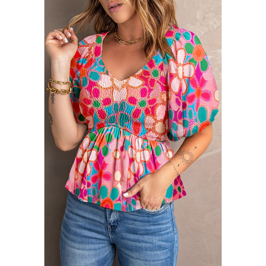 Printed V-Neck Babydoll Blouse Hot Pink / S