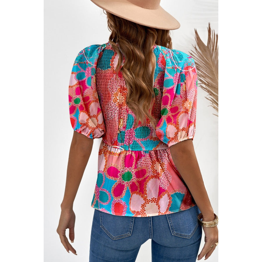 Printed V-Neck Babydoll Blouse