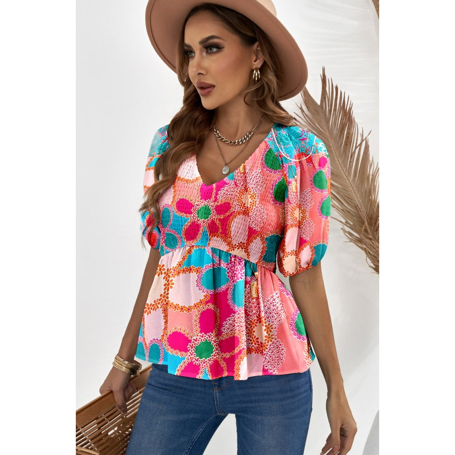 Printed V-Neck Babydoll Blouse