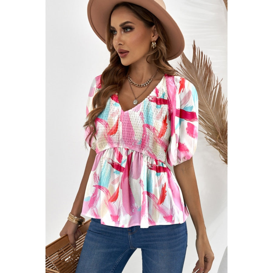 Printed V-Neck Babydoll Blouse