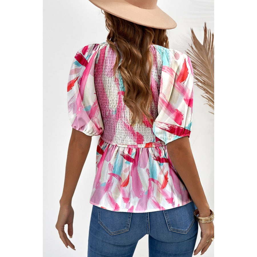 Printed V-Neck Babydoll Blouse