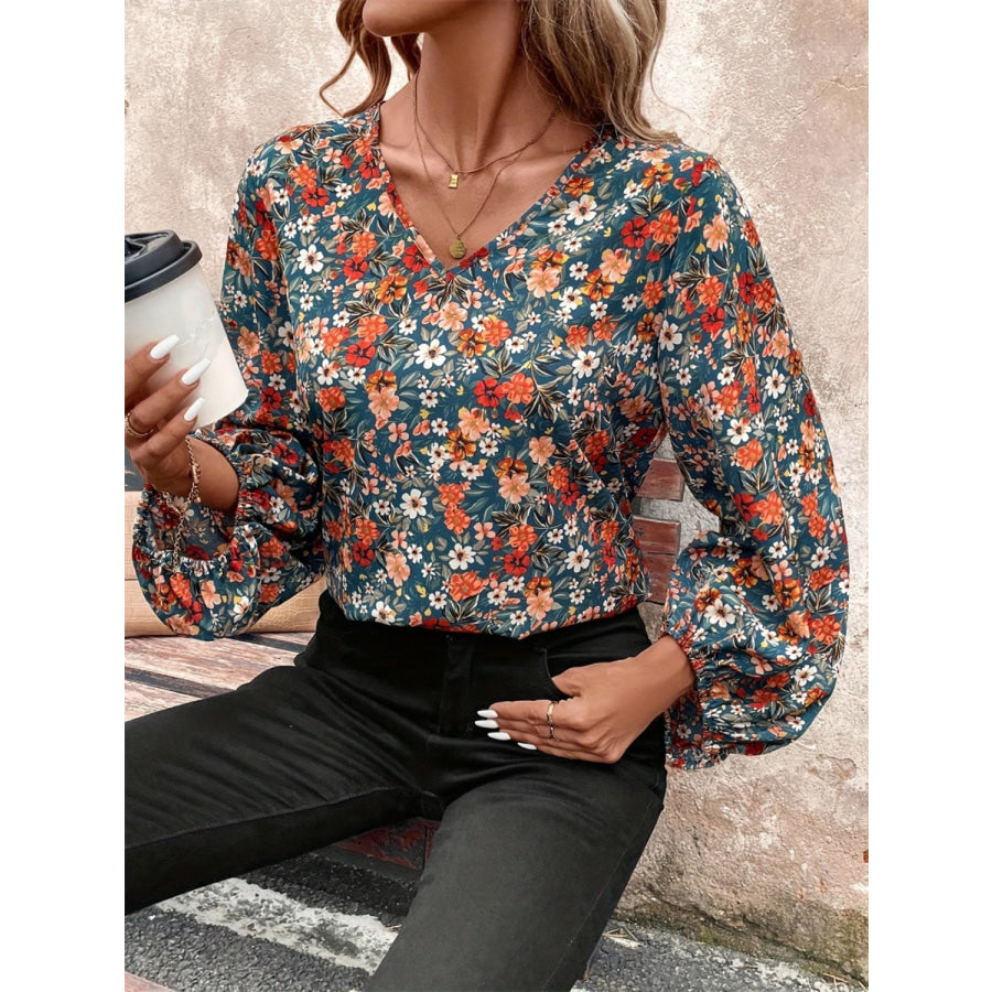 Printed V-Neck Balloon Sleeve Blouse Apparel and Accessories