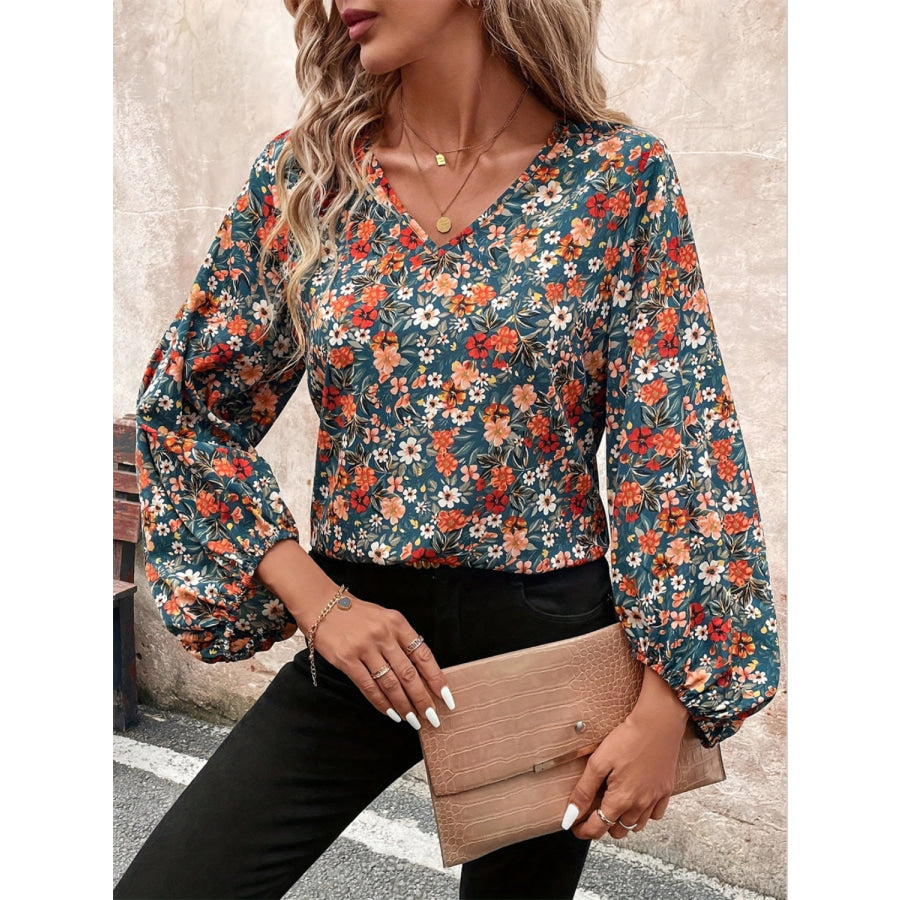 Printed V-Neck Balloon Sleeve Blouse Apparel and Accessories